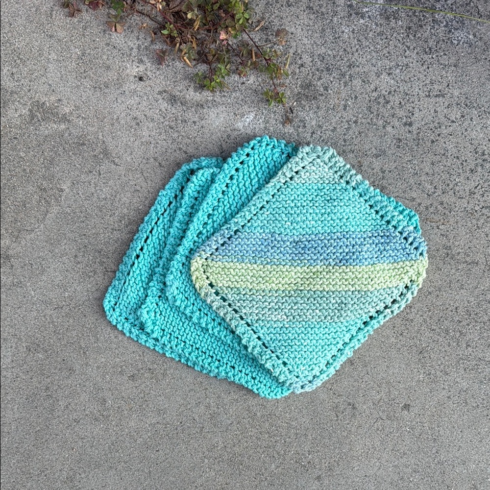 Handmade Knitted Dishcloth Set in Blue and Green
